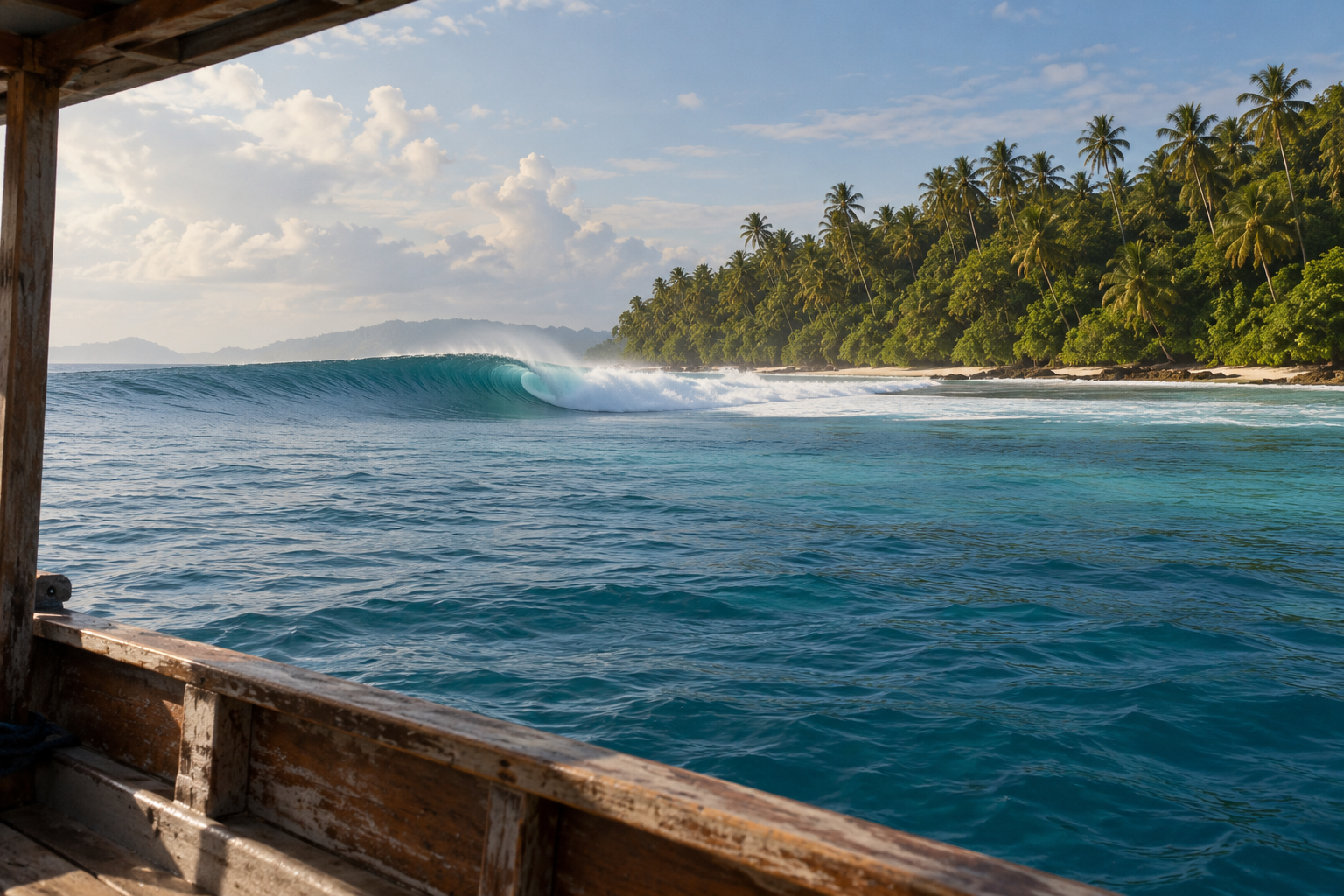 Surf-travel concept: a timber boat deck overlooking an Indonesian tropical reef